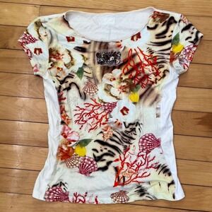 Marc Cain Tropical Sea Shell Tiger Print Short Sleeve Top White Multicolor